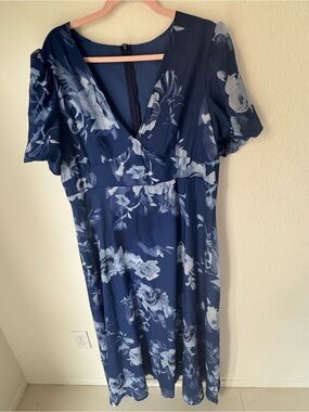 Fly Curvy Navy and Light Blue Floral Maxi Dress with V-Neck and Puff Sleeves